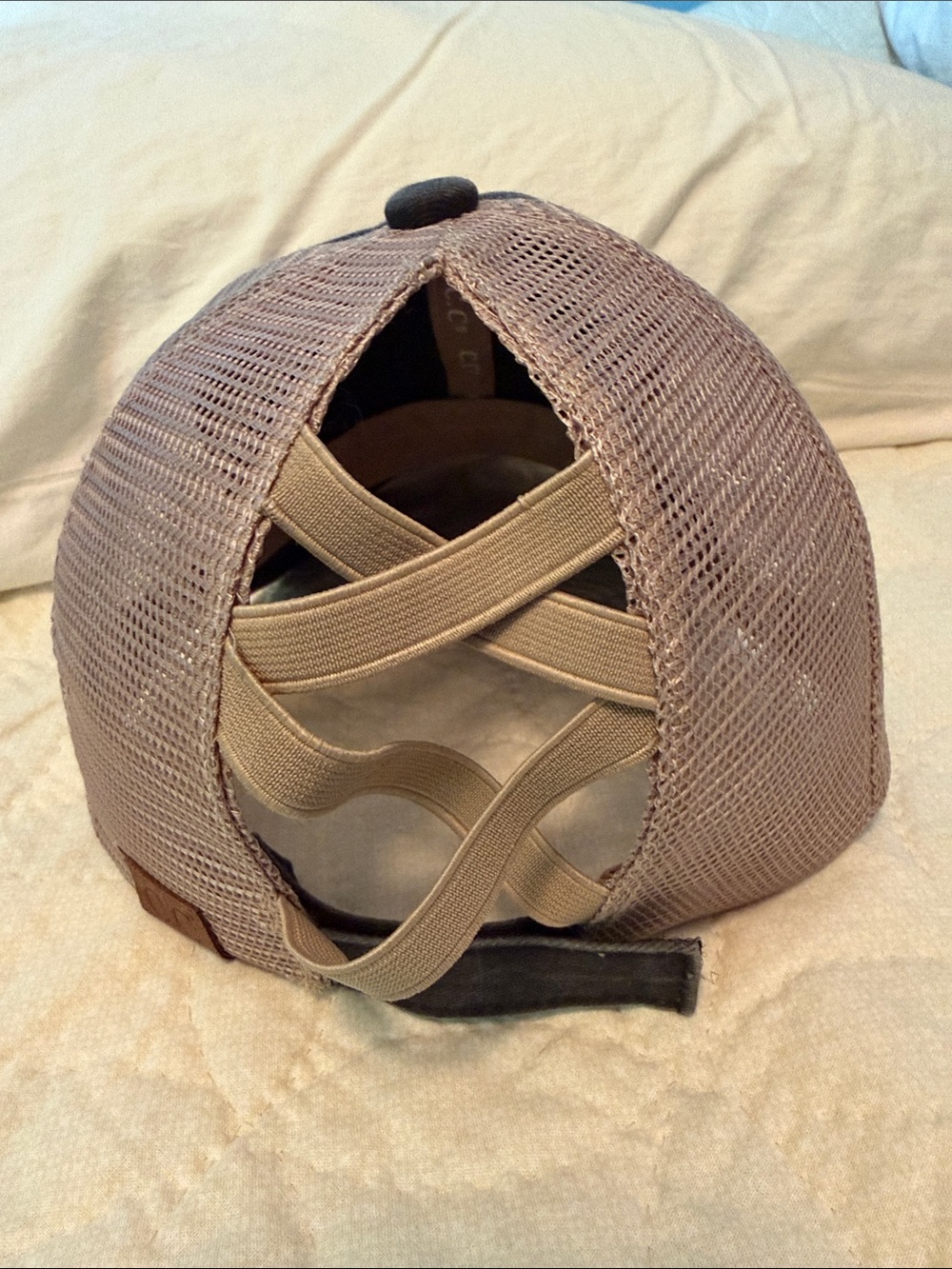 C.C Beige Mesh Ponytail Trucker Hat with Leather Patch - Picture 3 of 5